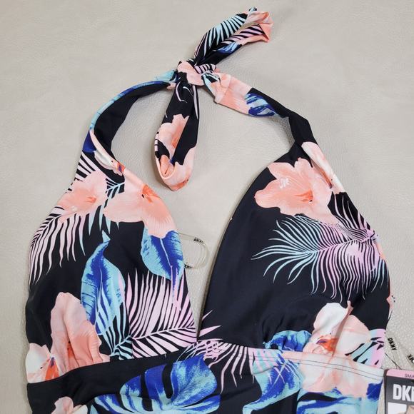 New DKNY Swimsuit Halter Shirred Waist Island Tropical Black Coral Small Lined - Picture 6 of 9